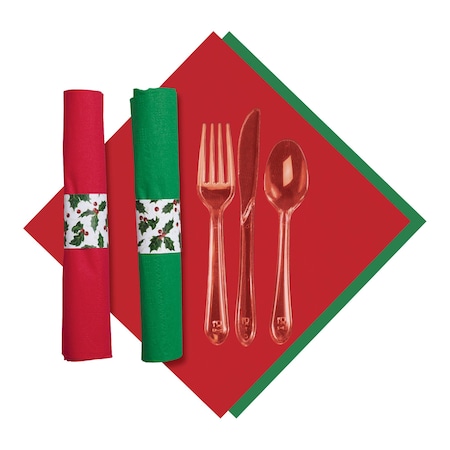 Caterwrap 7.5" x 4.25" Pre-rolled Red and Green Napkins Clear Cutlery 100 PK 119995
